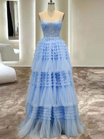 Presley | Langes Ballkleid aus Tüll mit Spaghettiträgern in A-Linie