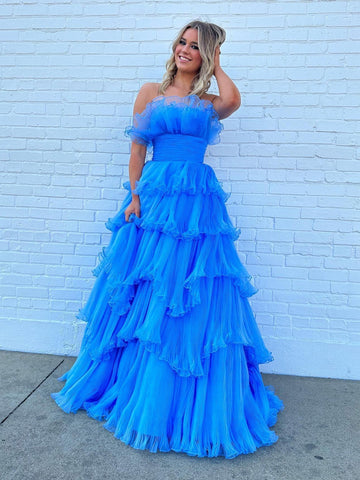 Vanessa | Vestido de fiesta de tul arrugado con capas y corte A sin tirantes