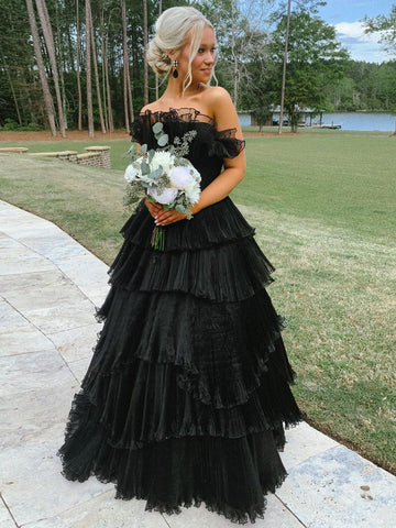 Vanessa | Vestido de fiesta de tul arrugado con capas y corte A sin tirantes