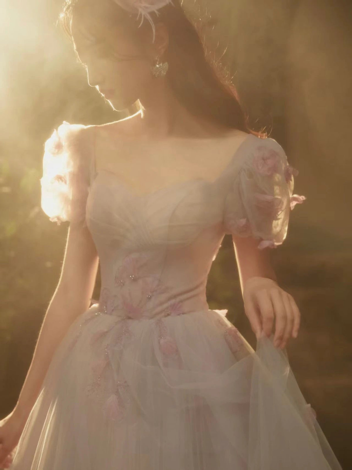 Romantic Lavender-Pink Sweetheart Tulle Ball Gown with 3D Floral Puff Sleeves by ZAPDRESS