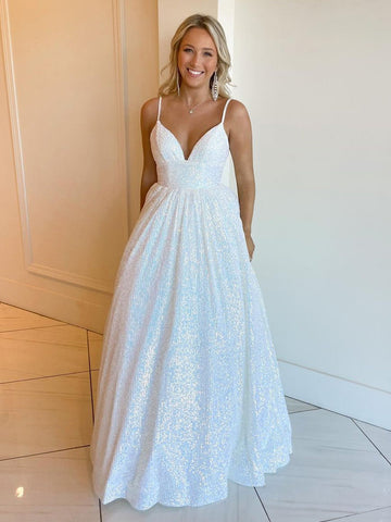 Hayden | Vestido de fiesta largo con lentejuelas, escote en V y corte A