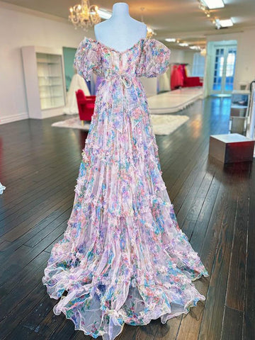 Sydney | Langes Ballkleid aus bedrucktem Tüll in A-Linie mit Herzausschnitt