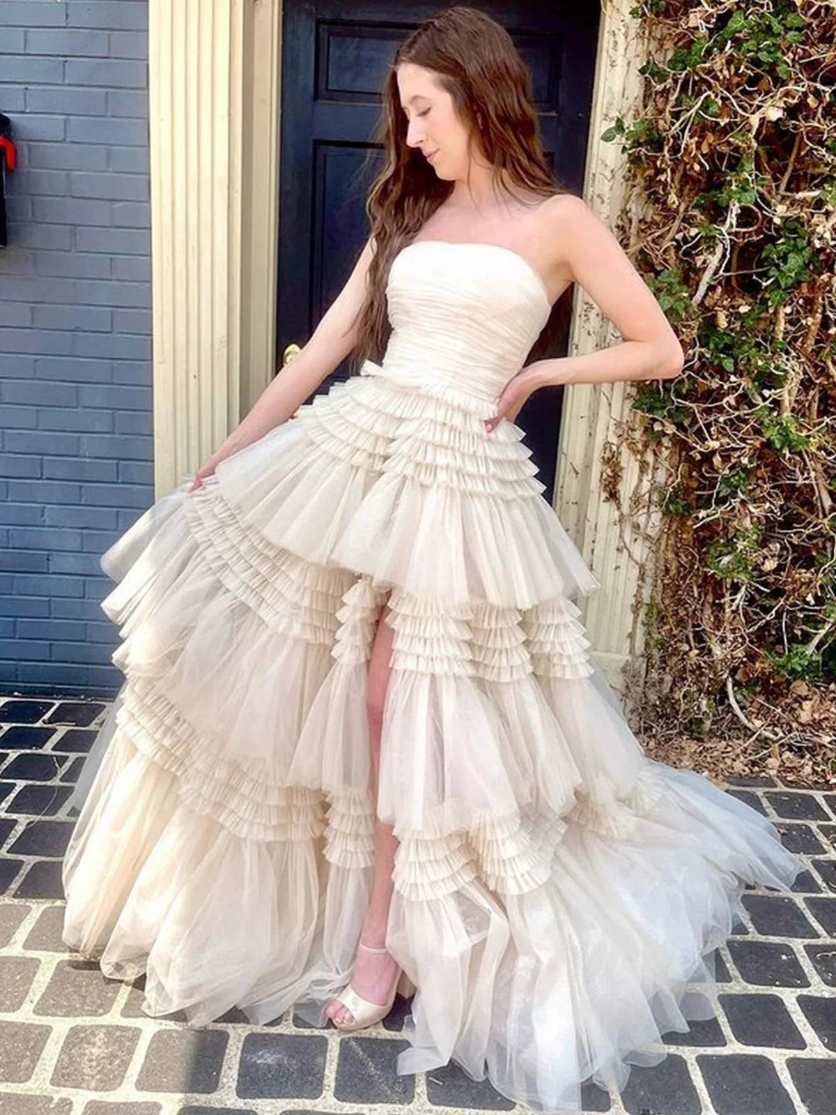 Daniela |A-Line Strapless Tulle Long Prom Dress with Tiered Ruffles by KissProm