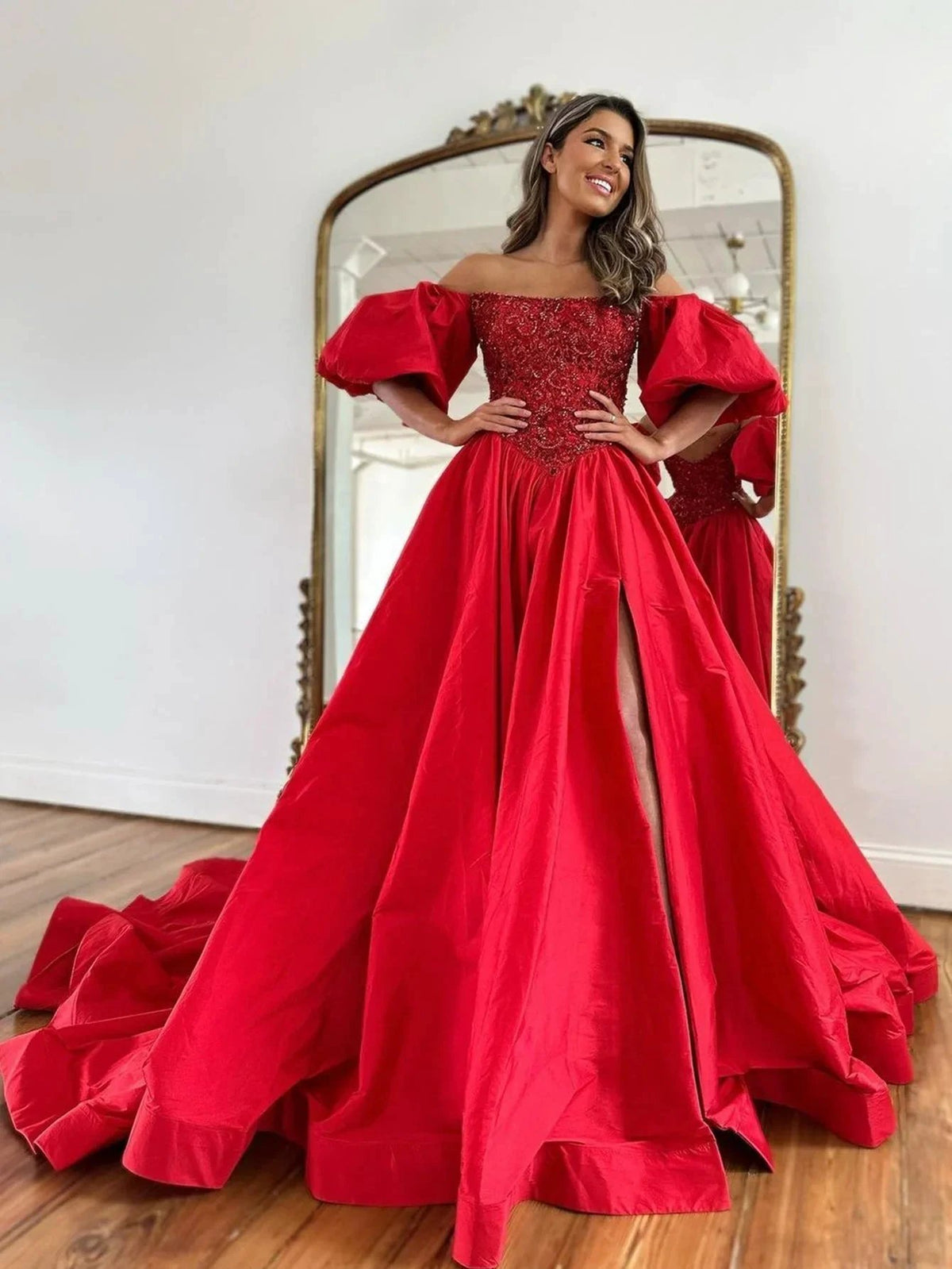 Liana |A-Line Off The Shoulder Taffeta Prom Dress With Short Puffy Sleeves by KissProm