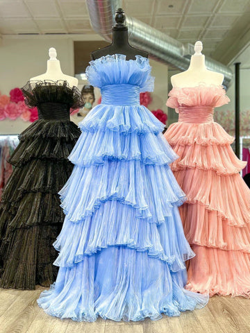 Vanessa | Vestido de fiesta de tul arrugado con capas y corte A sin tirantes