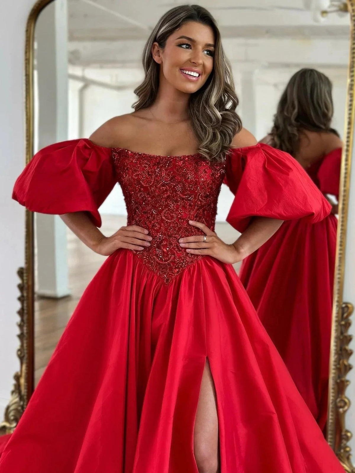 Liana |A-Line Off The Shoulder Taffeta Prom Dress With Short Puffy Sleeves by KissProm