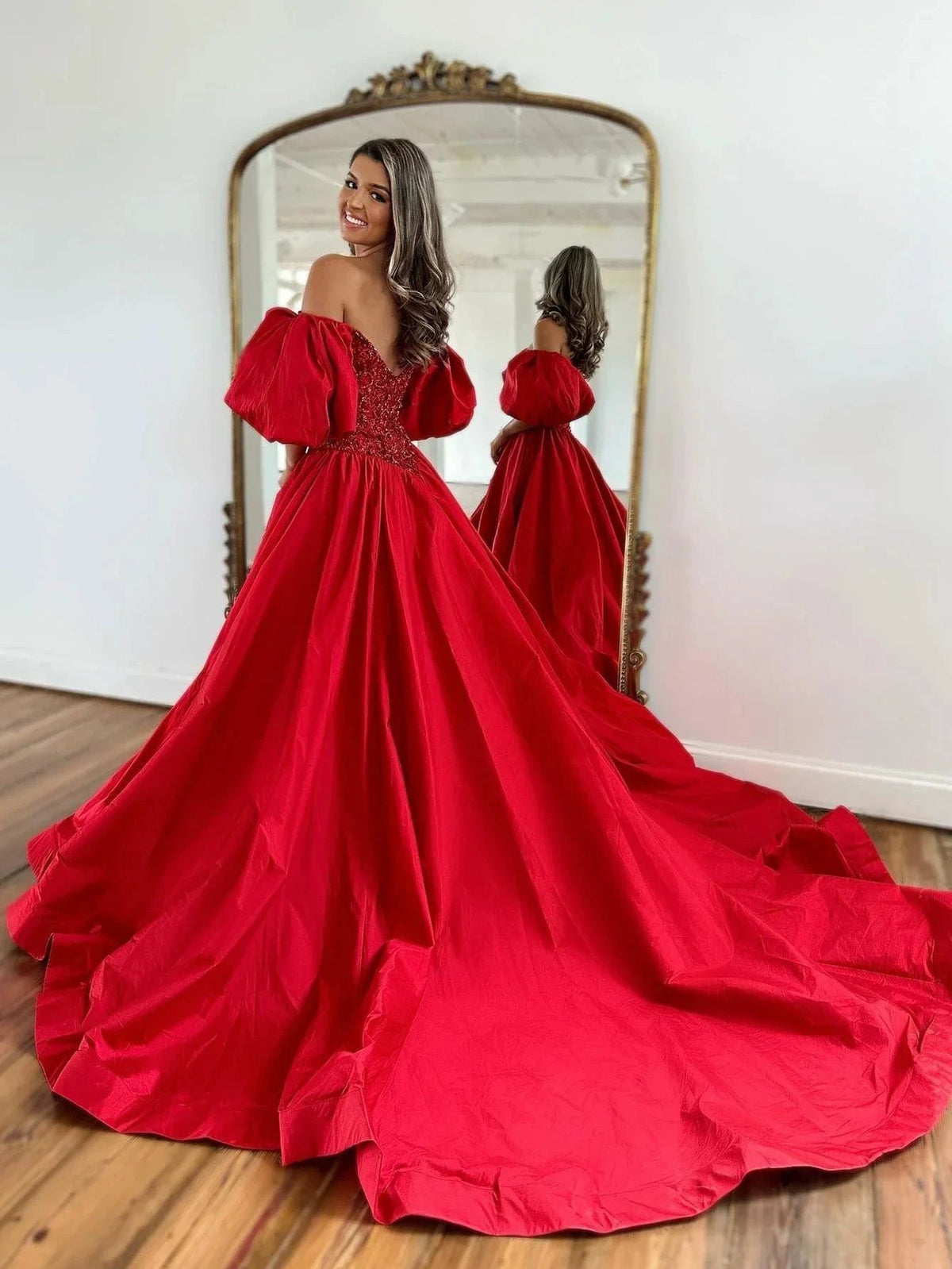 Liana |A-Line Off The Shoulder Taffeta Prom Dress With Short Puffy Sleeves by KissProm