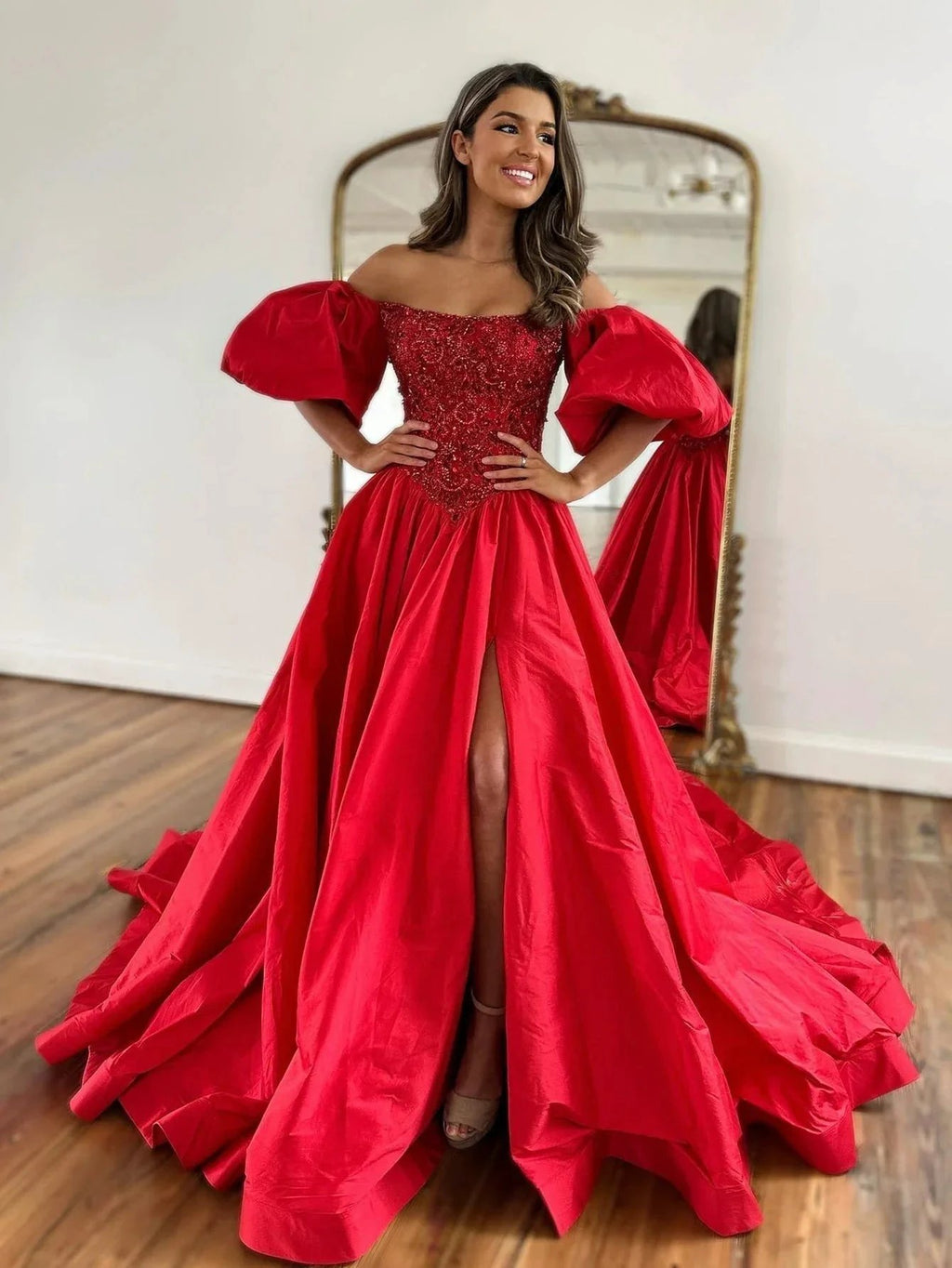 Liana |A-Line Off The Shoulder Taffeta Prom Dress With Short Puffy Sleeves by KissProm