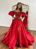 Liana |A-Line Off The Shoulder Taffeta Prom Dress With Short Puffy Sleeves by KissProm