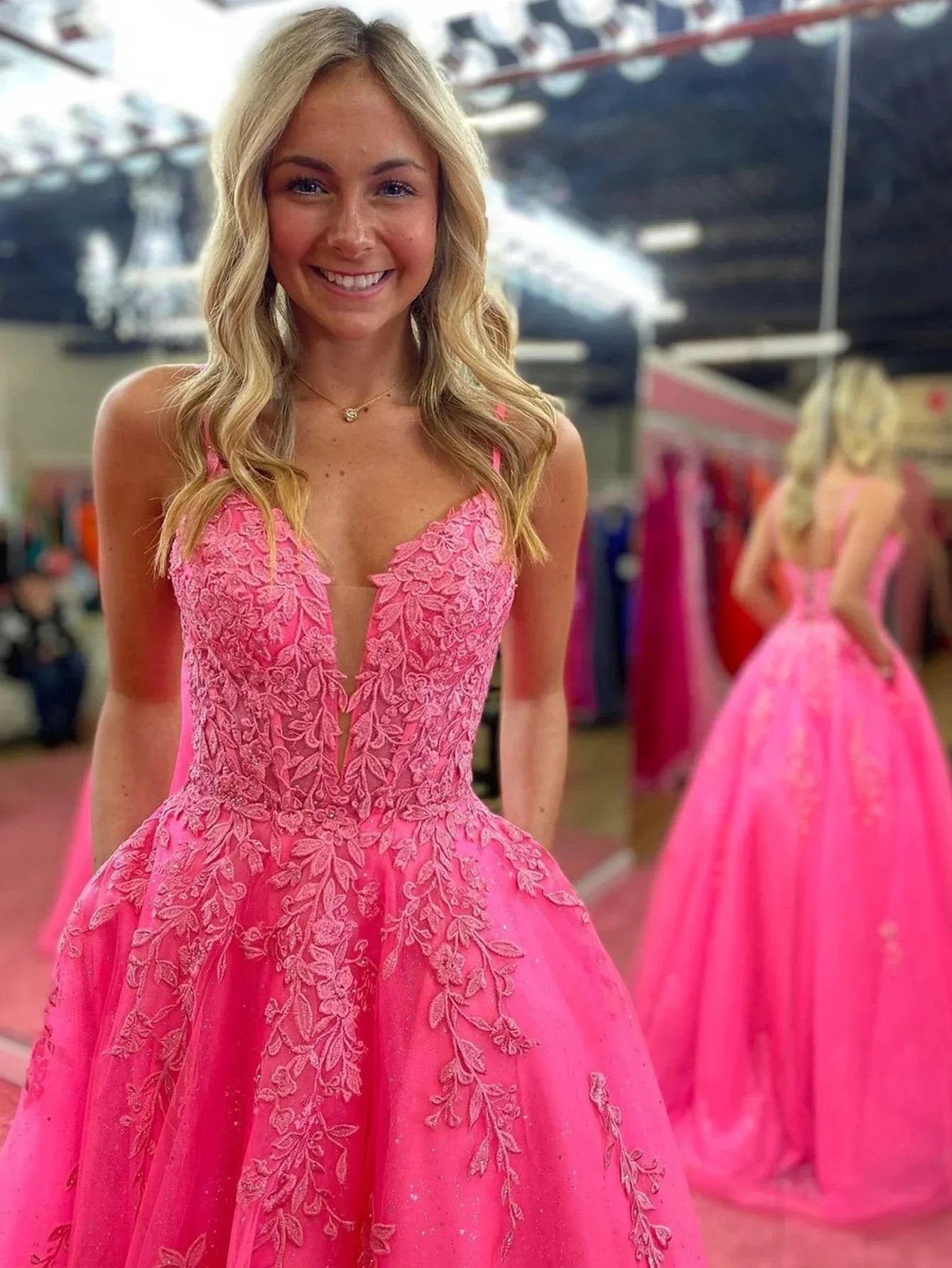 Angelina |V Neck Pink A Line Lace Long Prom Dress by KissProm