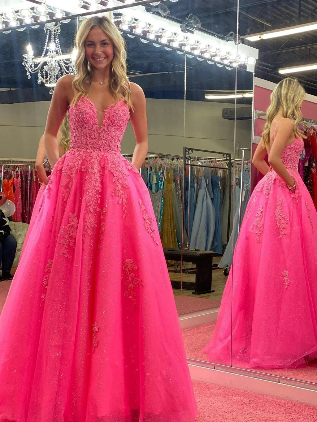 Angelina |V Neck Pink A Line Lace Long Prom Dress by KissProm