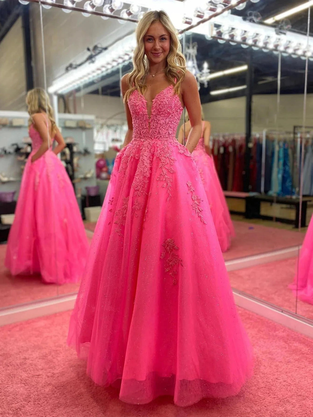 Angelina |V Neck Pink A Line Lace Long Prom Dress by KissProm