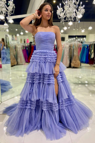 Daniela | Vestido de fiesta largo de tul sin tirantes, corte A y volantes escalonados