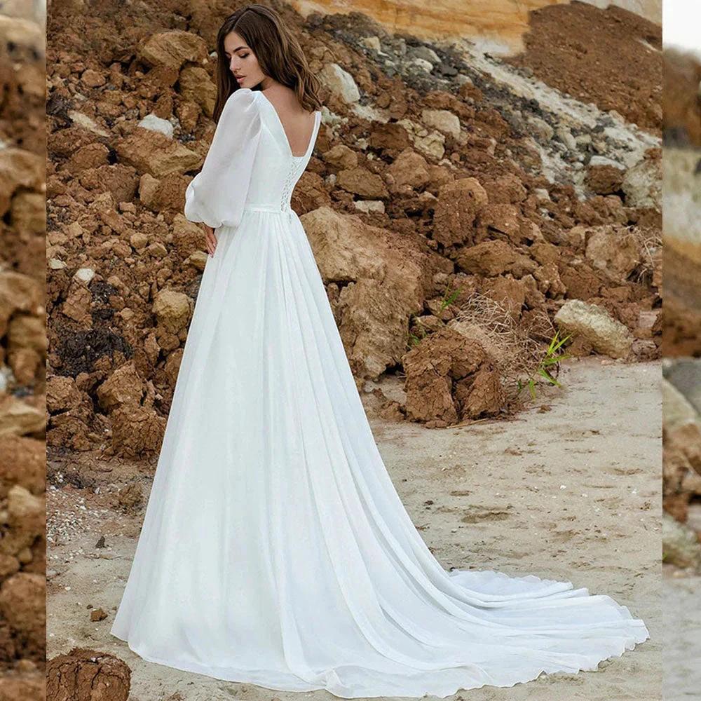 Puff Sleeve Wedding Dresses Women Vestido De Novia Long Chiffon Elegant V-Neck A-Line Backless Bridal Gown Robe Mariée by payinti