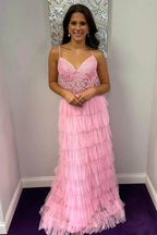 Aubree |Dark Green A-Line Tiered Tulle Long Prom Dress with Lace by KissProm