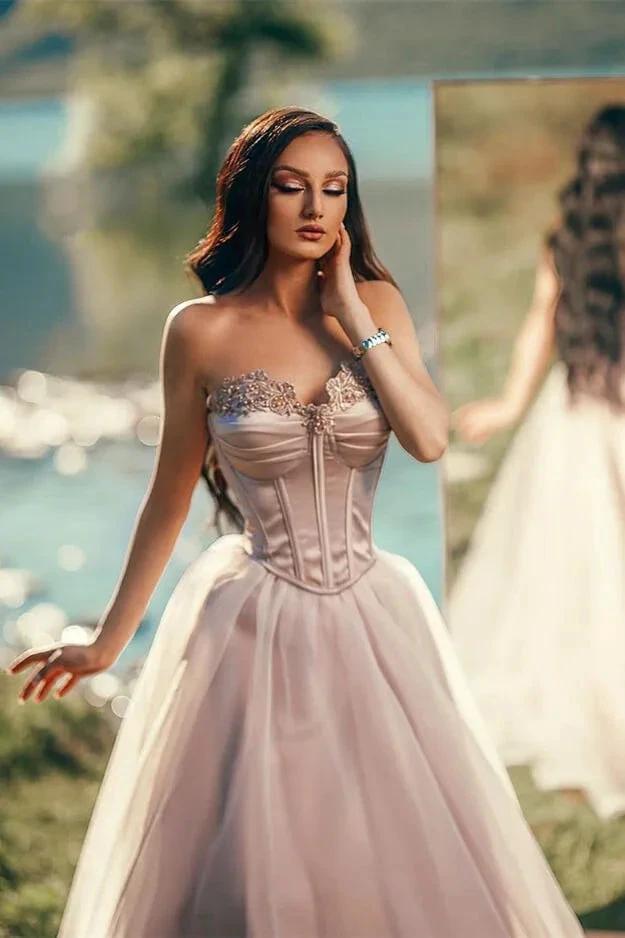 Strapless A-line Long Prom Dress with Tulle Applique and Pleats by BIZTUNNEL