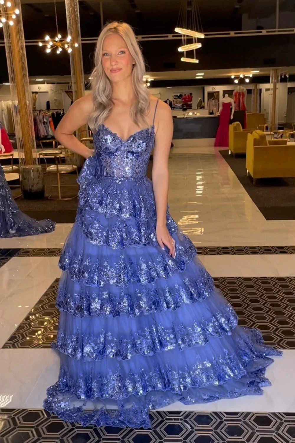 Maryam |A Line Spaghetti Straps Tiered Lace Prom Dress by KissProm