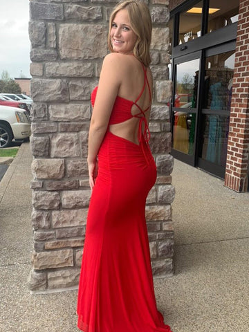 Vestido de fiesta largo de sirena con escote en forma de corazón, espalda descubierta y corte en rojo