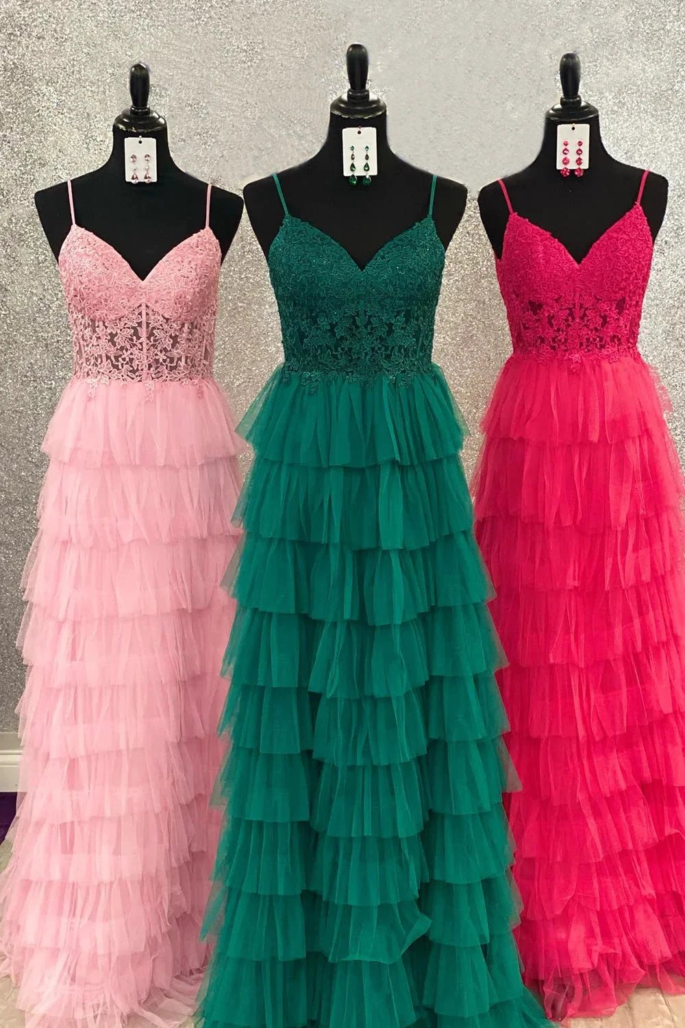 Aubree |Dark Green A-Line Tiered Tulle Long Prom Dress with Lace by KissProm