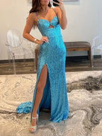 Mermaid V Neck Cutout Blue Long Prom Dress by KissProm