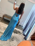Mermaid V Neck Cutout Blue Long Prom Dress by KissProm