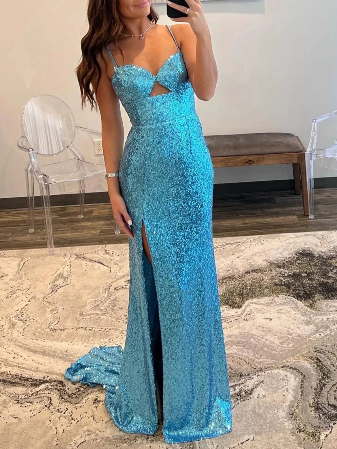 Mermaid V Neck Cutout Blue Long Prom Dress by KissProm