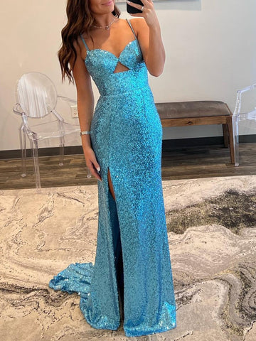 Meerjungfrau V-Ausschnitt Cut-Out Blau Langes Ballkleid