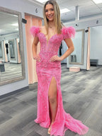 Elaina |Mermaid Deep V Neck Feather Lace Long Prom Dress by KissProm