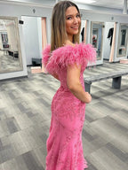 Elaina |Mermaid Deep V Neck Feather Lace Long Prom Dress by KissProm