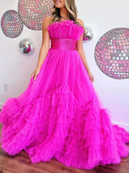 Alani |A-Line Strapless Pink Tiered Long Tulle Prom Dress by KissProm