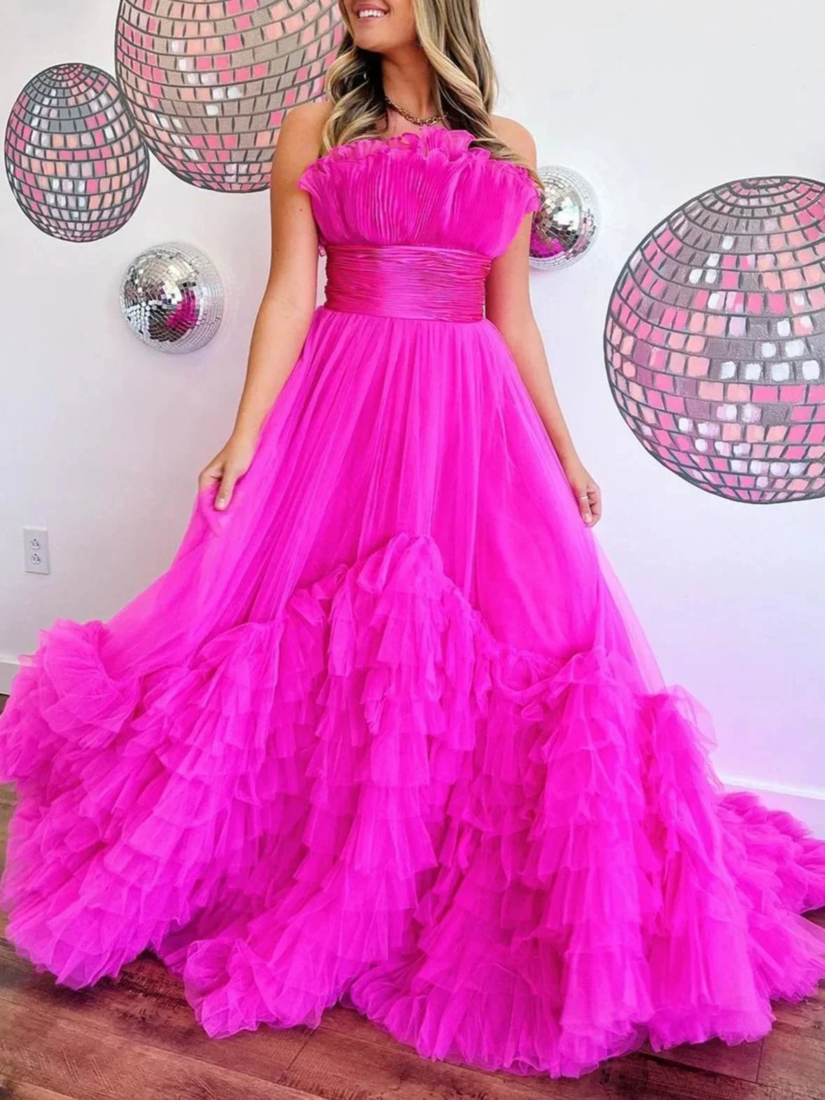 Alani |A-Line Strapless Pink Tiered Long Tulle Prom Dress by KissProm