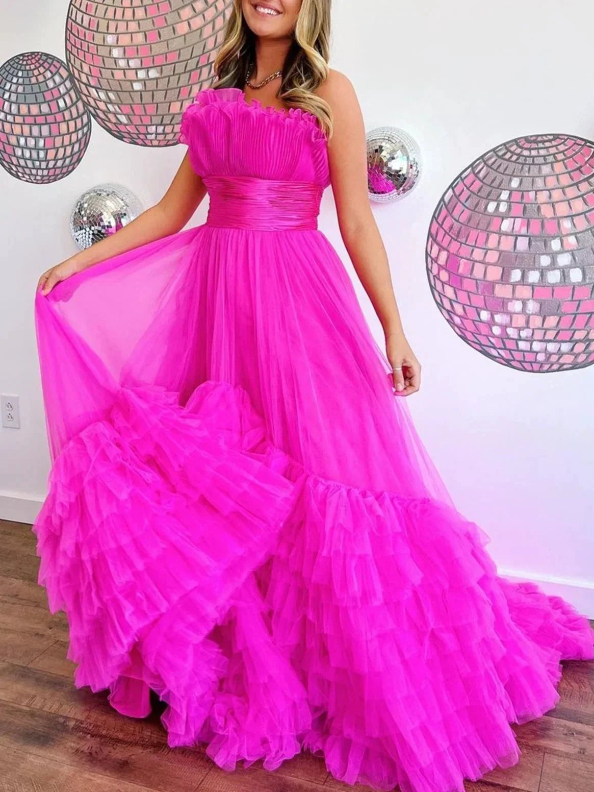 Alani |A-Line Strapless Pink Tiered Long Tulle Prom Dress by KissProm