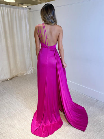 Amelie | Vestido de fiesta largo fucsia de un solo hombro con corte sirena