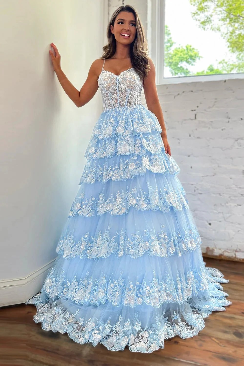 Maryam |A Line Spaghetti Straps Tiered Lace Prom Dress by KissProm