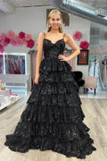 Maryam |A Line Spaghetti Straps Tiered Lace Prom Dress by KissProm