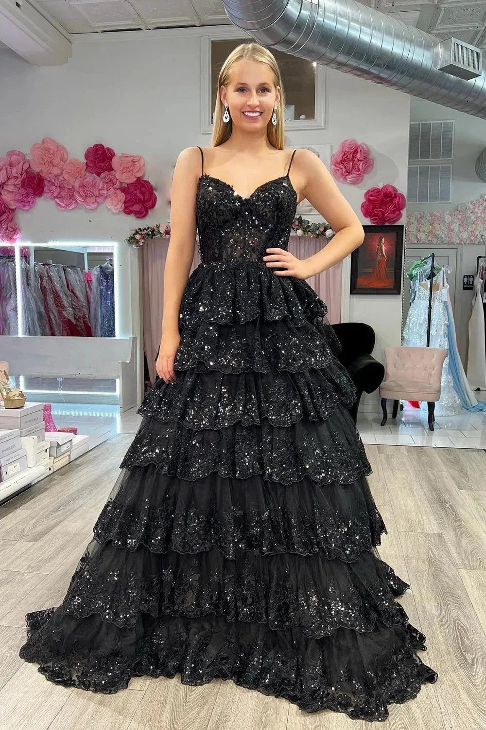 Maryam |A Line Spaghetti Straps Tiered Lace Prom Dress by KissProm