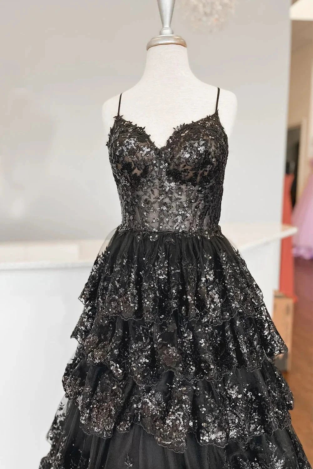 Maryam |A Line Spaghetti Straps Tiered Lace Prom Dress by KissProm