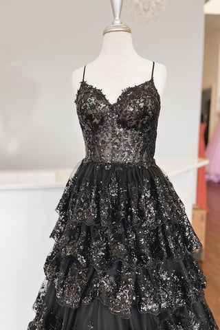 Maryam | Vestido de fiesta de encaje escalonado con tirantes finos y corte A