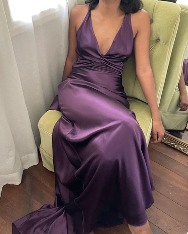 Vestido de noche morado con escote en V y espalda descubierta, vestido largo de fiesta para graduación Y7520