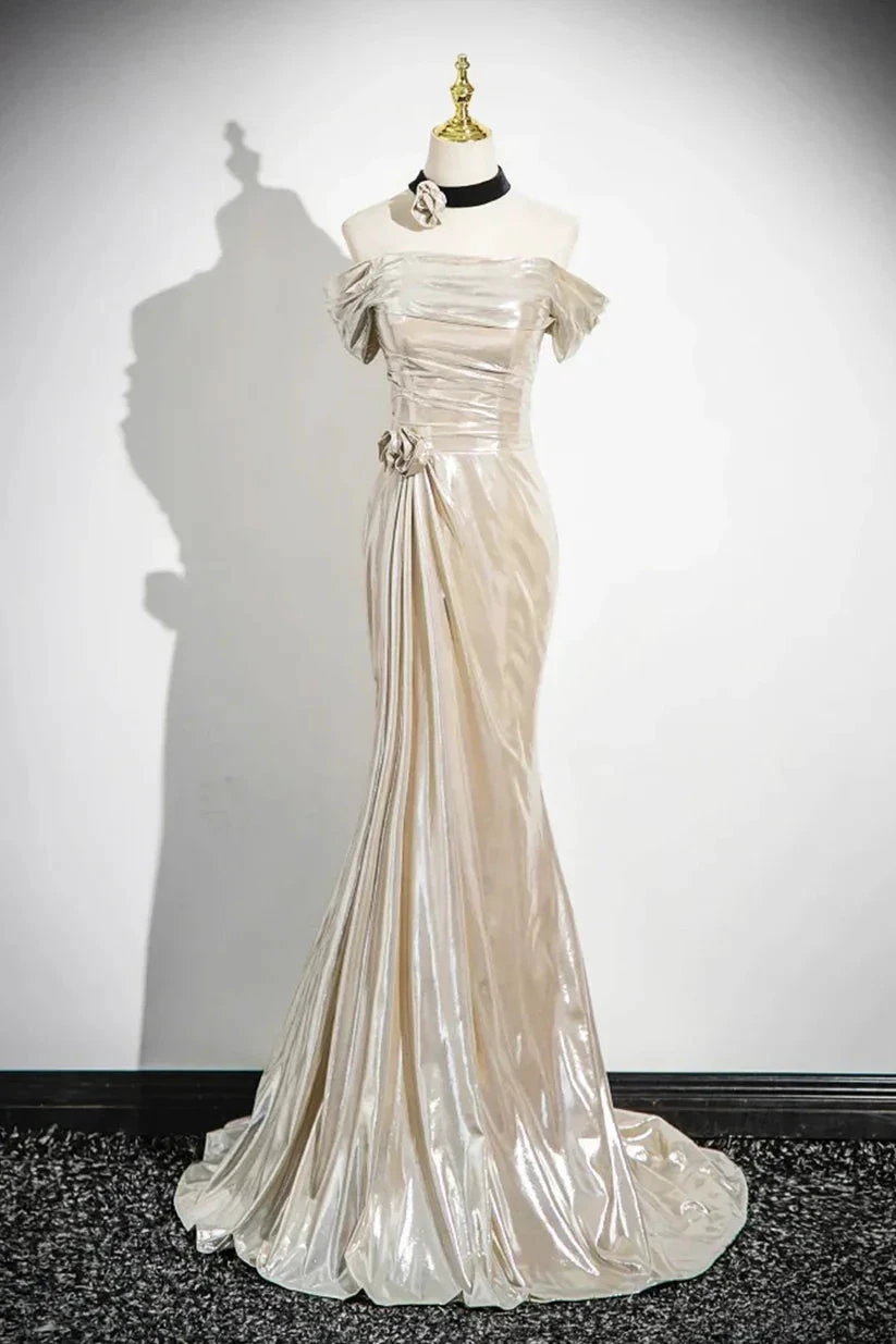 Charming Champagne Off The Shoulder Satin Prom Dress Mermaid Evening Gown Y8202 by simplepromdress