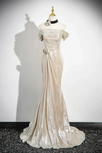 Charming Champagne Off The Shoulder Satin Prom Dress Mermaid Evening Gown Y8202 by simplepromdress