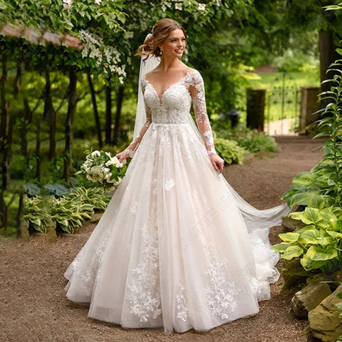 Vintage Wedding Dresses For Women Appliques Long Sleeves Bride Gowns Backless A Line Vestidos De Noiva Mariage