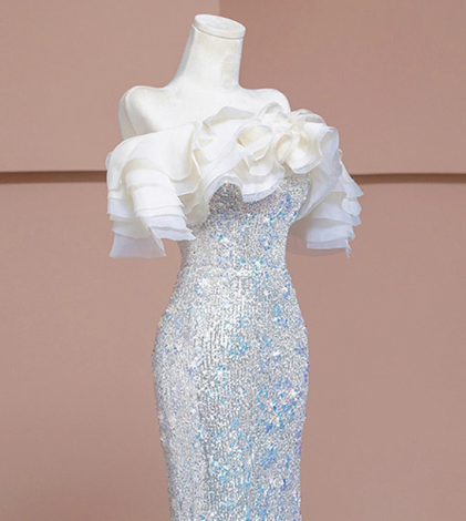 Vestido de fiesta de lujo con lentejuelas y cuentas de sirena plateada, vestido formal de noche Y7614