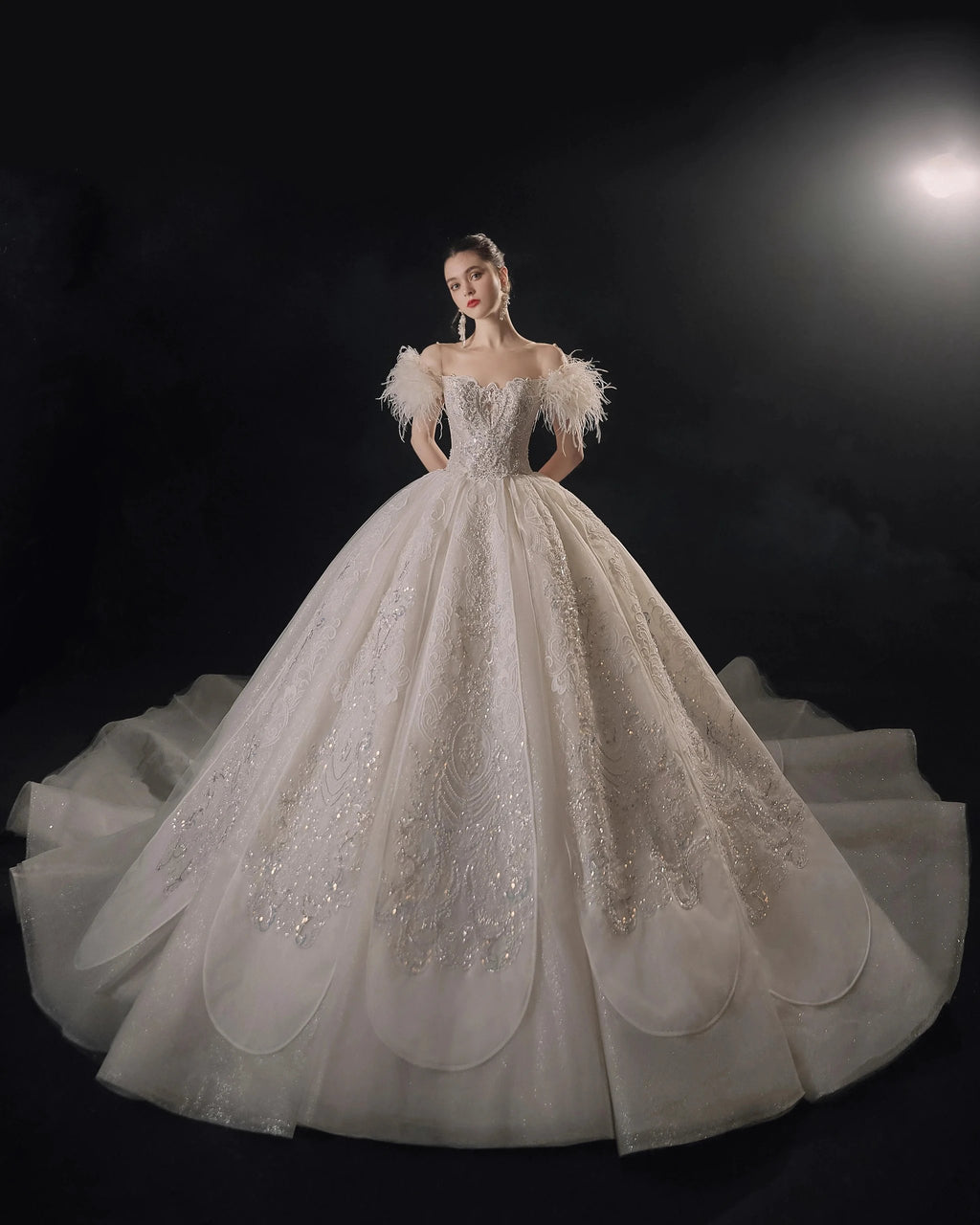 Luxurious Off-the-Shoulder Ball Gown Sweetheart Neckline Feather Trim Beaded Lace Wedding Dress with Glitter Train E-306 by ZAPDRESS
