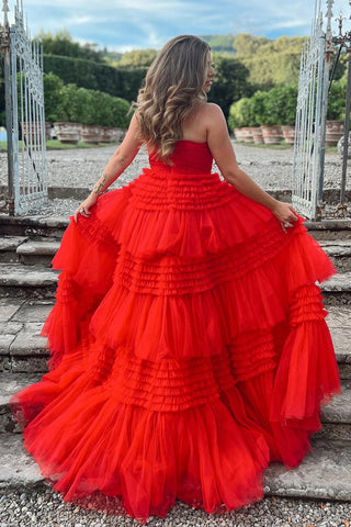Daniela | Vestido de fiesta largo de tul sin tirantes, corte A y volantes escalonados