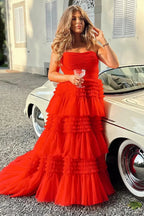 Daniela |A-Line Strapless Tulle Long Prom Dress with Tiered Ruffles by KissProm
