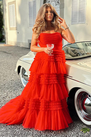 Daniela | Vestido de fiesta largo de tul sin tirantes, corte A y volantes escalonados