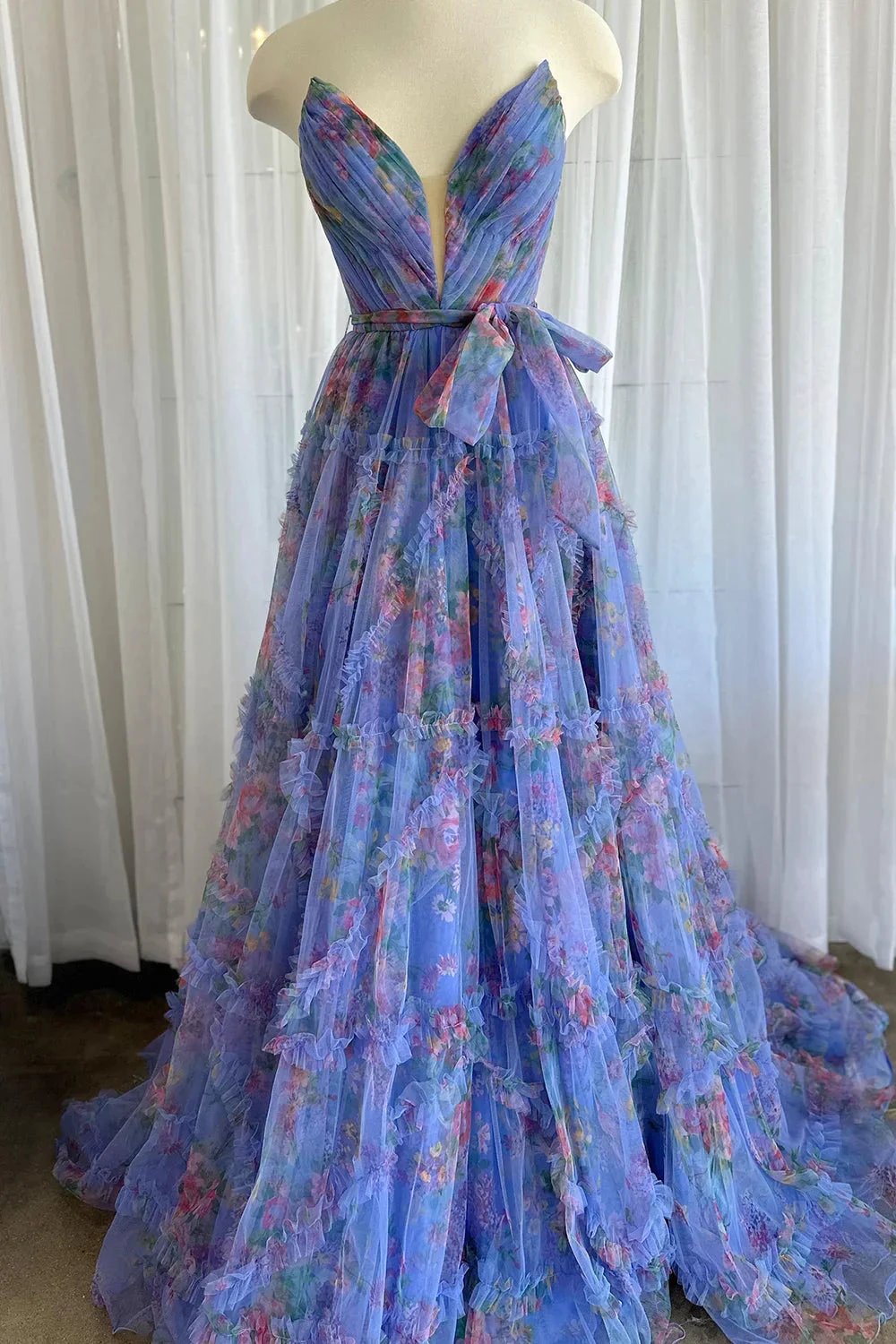 Izabella |A-Line Sweetheart Floral Printed Tulle Prom Dress with Slit by KissProm