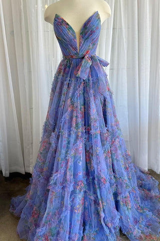 Izabella | Vestido de fiesta de tul con estampado floral, corte en A y escote corazón, con abertura