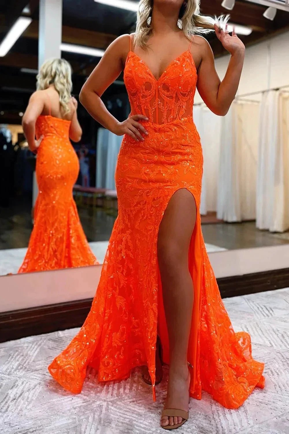 Lakelynn |Mermaid Spaghetti Straps Sequined Lace Prom Dress by KissProm